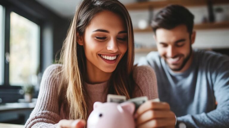 Woman, smiling as she places money into a pink piggy bank, is seated next to her partner, who is also smiling and watching her with affection. The woman’s focus is on saving, while the man seems supportive, suggesting a harmonious balance in managing their finances together.